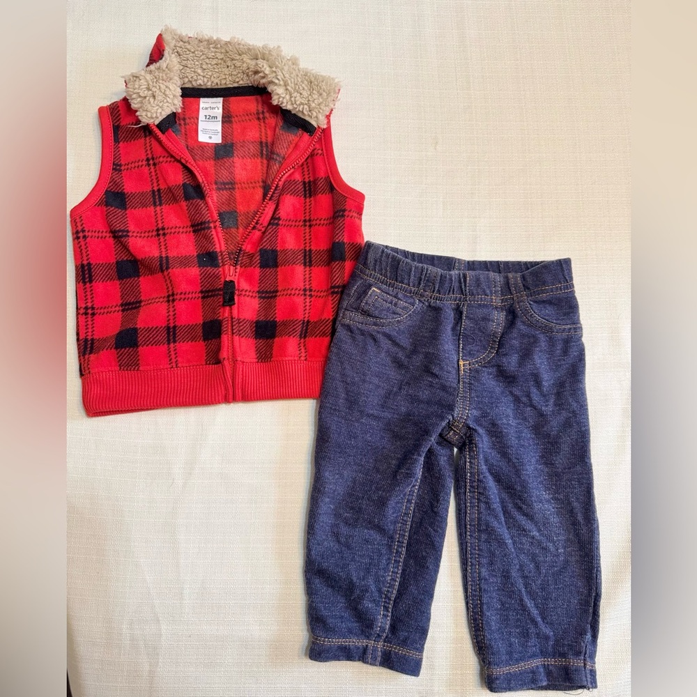 Carters | Red Plaid Fleece Vest and Blue Jeans Set | Size 12 Months